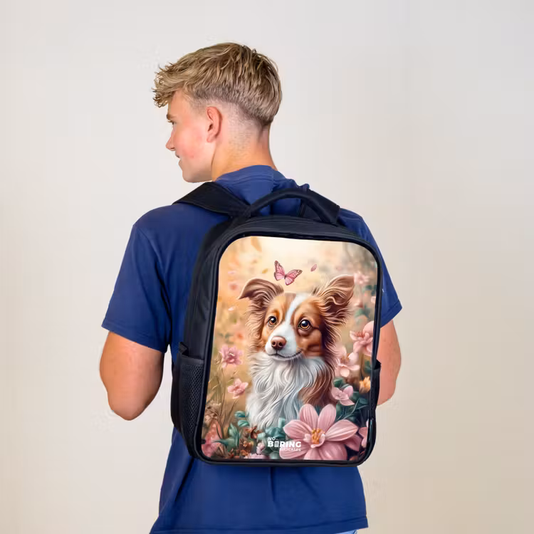 Kids backpack - Black - Dog in field of flowers with butterflies — 5
