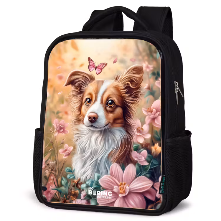 Kids backpack - Black - Dog in field of flowers with butterflies — 6