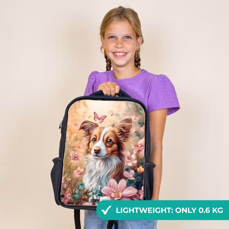 Kids backpack - Black - Dog in field of flowers with butterflies — 9
