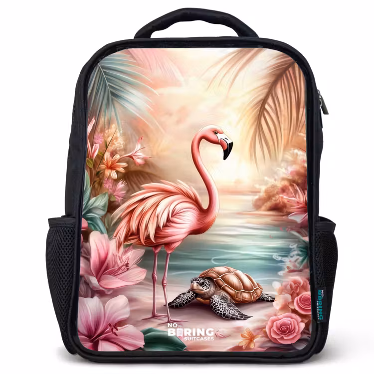 Kids backpack - Black - Flamingo and turtle on a pink beach. — 1