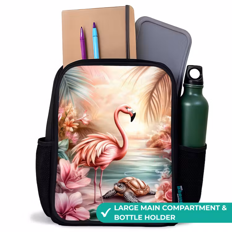 Kids backpack - Black - Flamingo and turtle on a pink beach. — 10