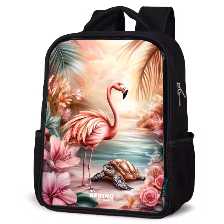 Kids backpack - Black - Flamingo and turtle on a pink beach. — 6