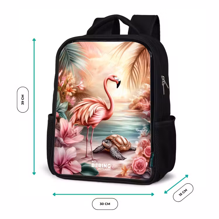 Kids backpack - Black - Flamingo and turtle on a pink beach. — 8