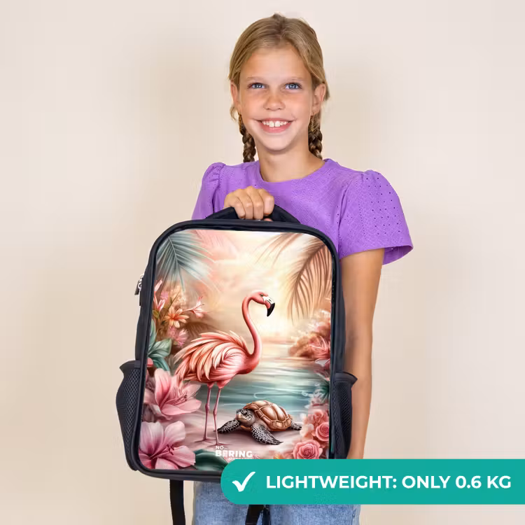 Kids backpack - Black - Flamingo and turtle on a pink beach. — 9