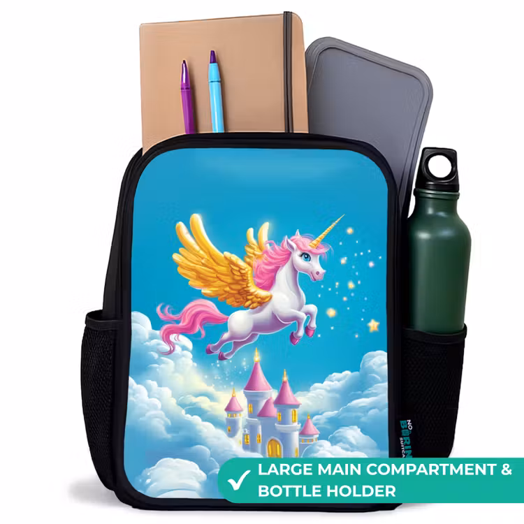 Kids backpack - Black - Flying unicorn with golden wings above castle — 10