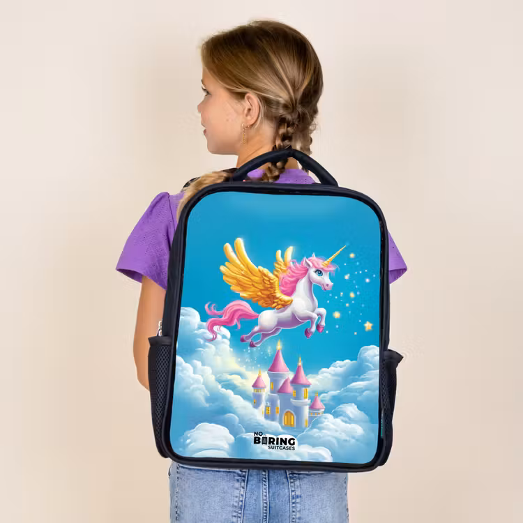 Kids backpack - Black - Flying unicorn with golden wings above castle — 4