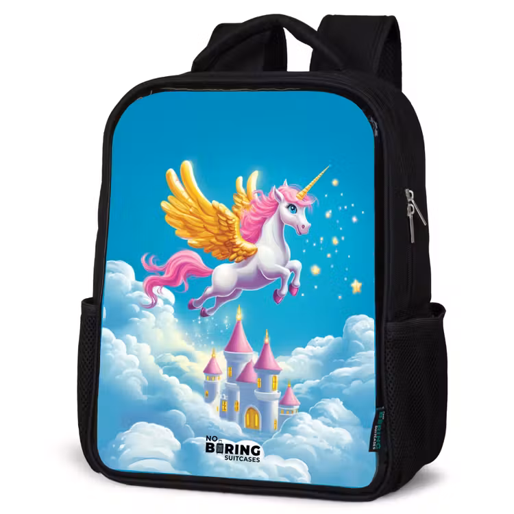 Kids backpack - Black - Flying unicorn with golden wings above castle — 6