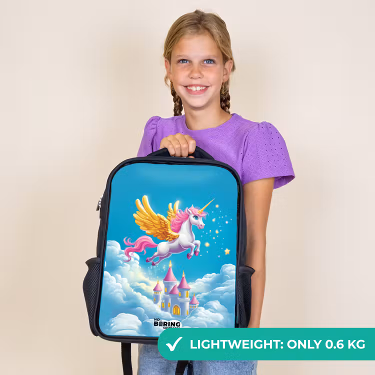 Kids backpack - Black - Flying unicorn with golden wings above castle — 9