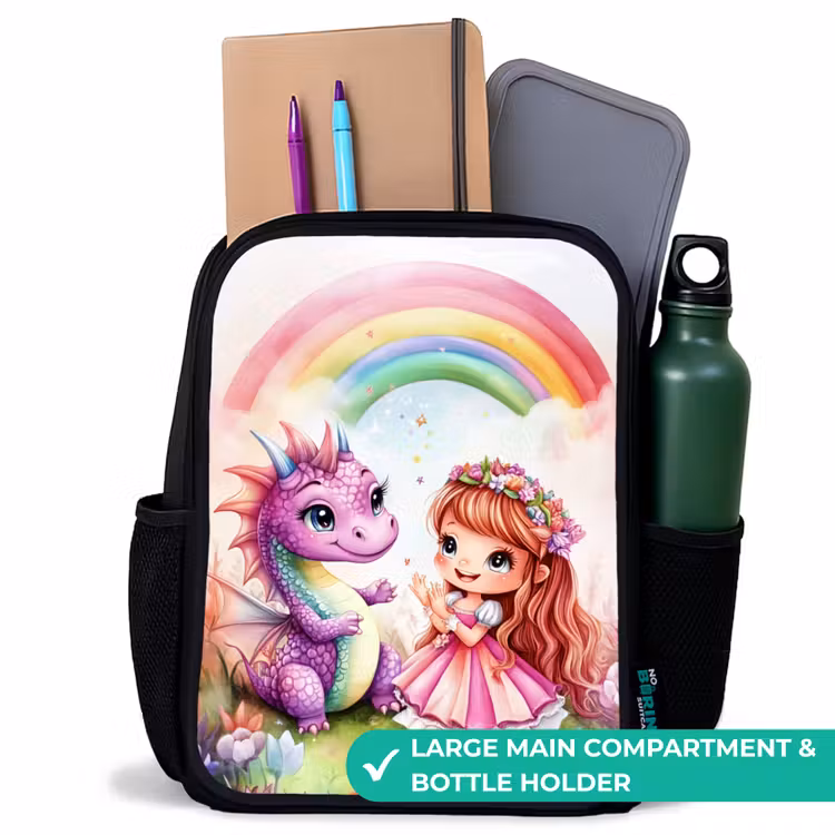 Kids backpack - Black - Girl with purple dragon under rainbow — 10