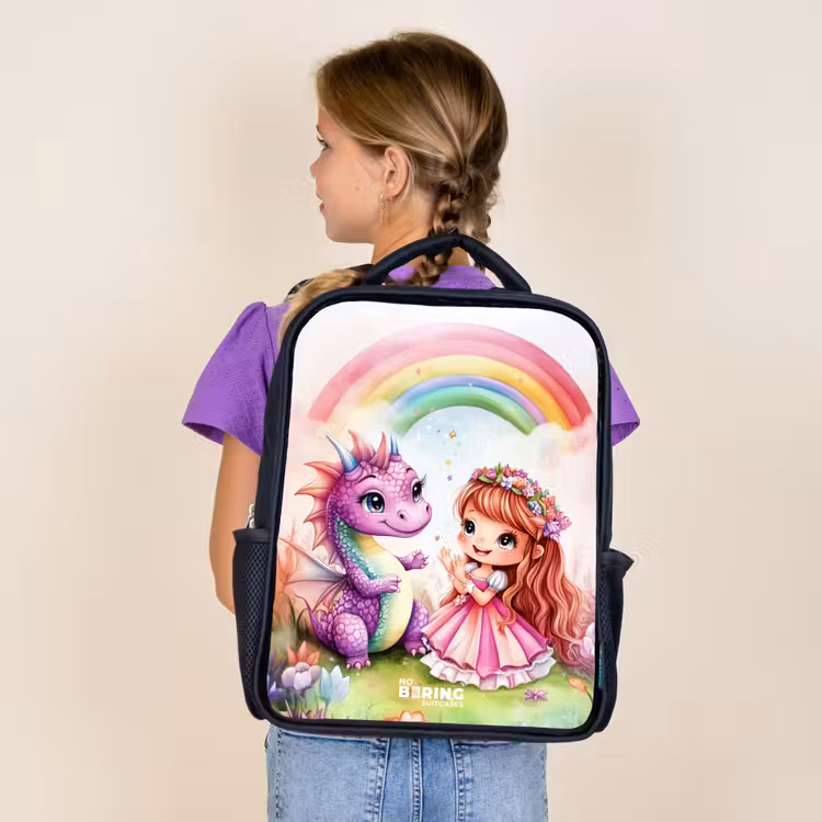 Kids backpack - Black - Girl with purple dragon under rainbow — 4
