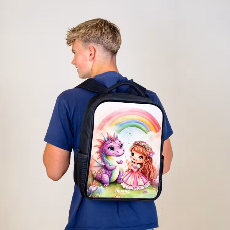 Kids backpack - Black - Girl with purple dragon under rainbow — 5