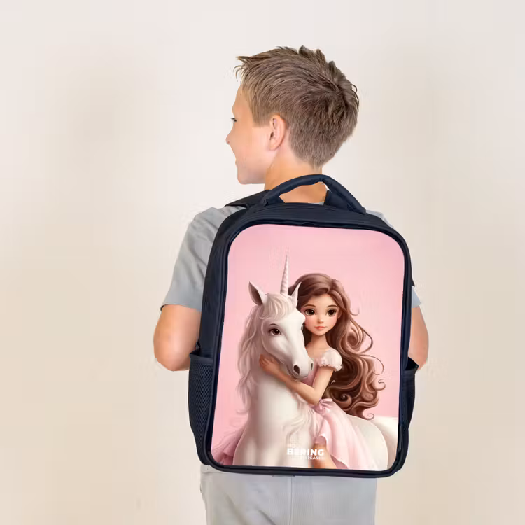 Kids backpack - Black - Girl with white unicorn on pink background — 2