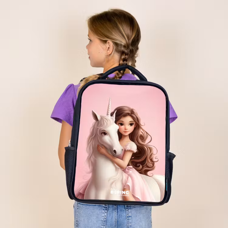Kids backpack - Black - Girl with white unicorn on pink background — 4