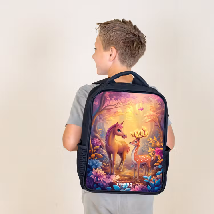 Kids backpack - Black - Horse and deer in a pink fairy tale forest — 2