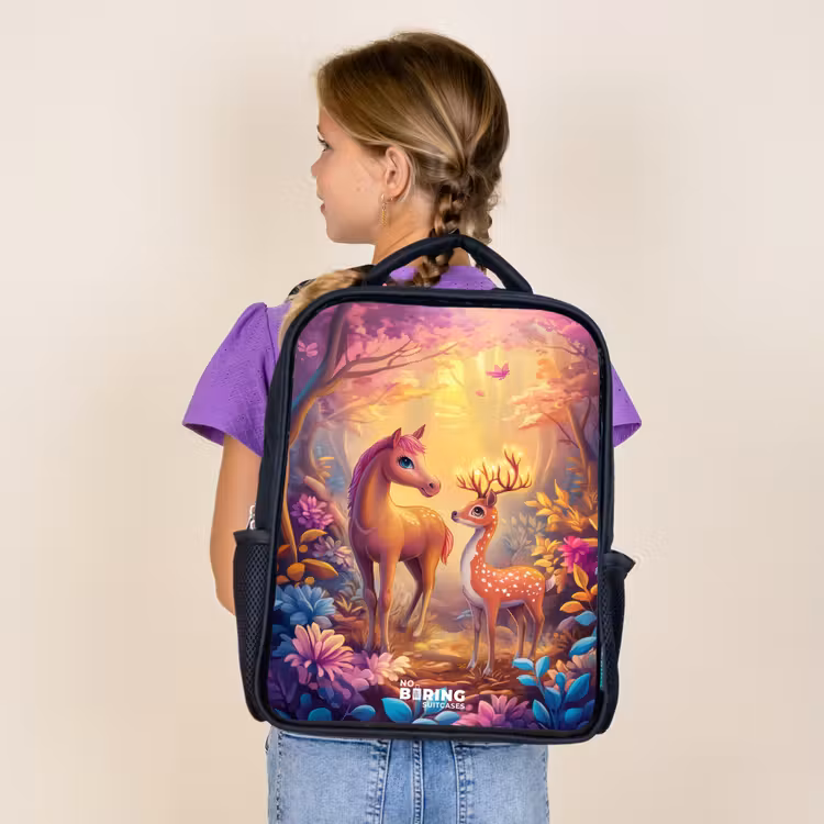 Kids backpack - Black - Horse and deer in a pink fairy tale forest — 4