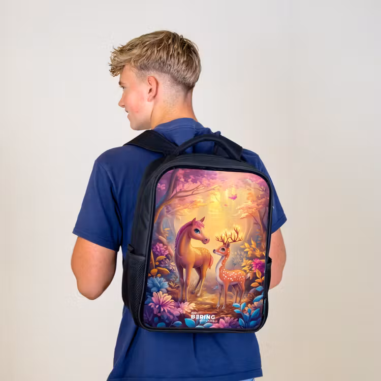 Kids backpack - Black - Horse and deer in a pink fairy tale forest — 5
