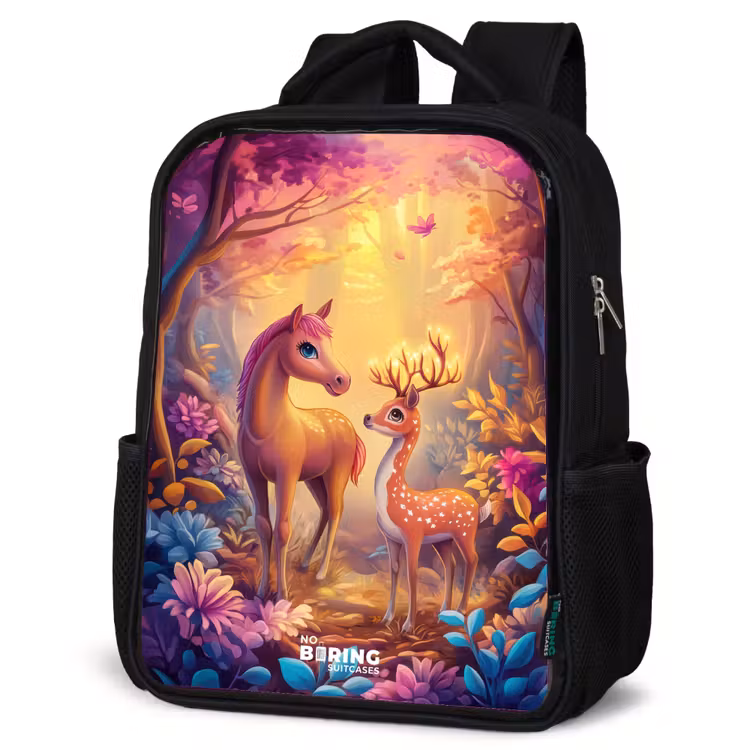 Kids backpack - Black - Horse and deer in a pink fairy tale forest — 6