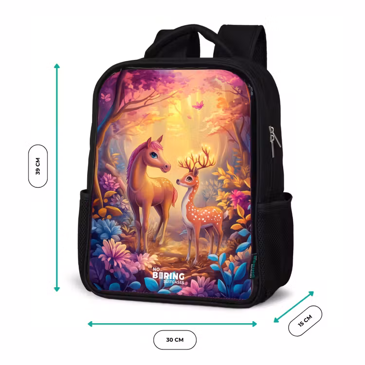 Kids backpack - Black - Horse and deer in a pink fairy tale forest — 8