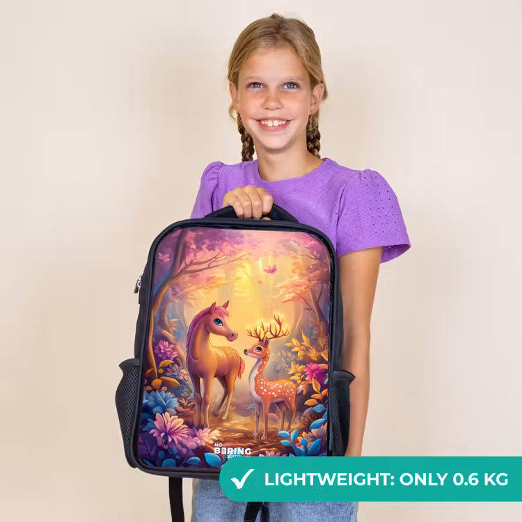 Kids backpack - Black - Horse and deer in a pink fairy tale forest — 9