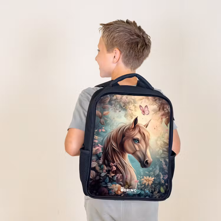Kids backpack - Black - Horse with butterflies in flower garden — 2
