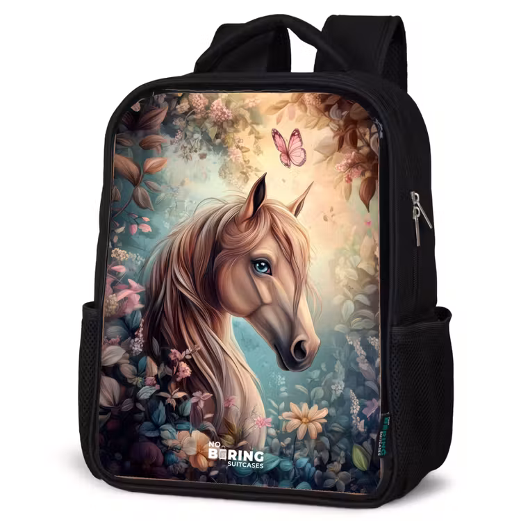 Kids backpack - Black - Horse with butterflies in flower garden — 6