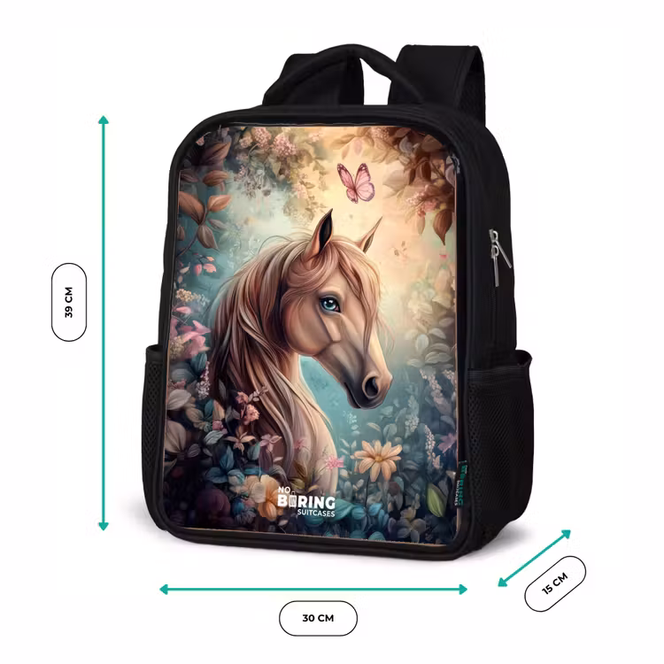 Kids backpack - Black - Horse with butterflies in flower garden — 8