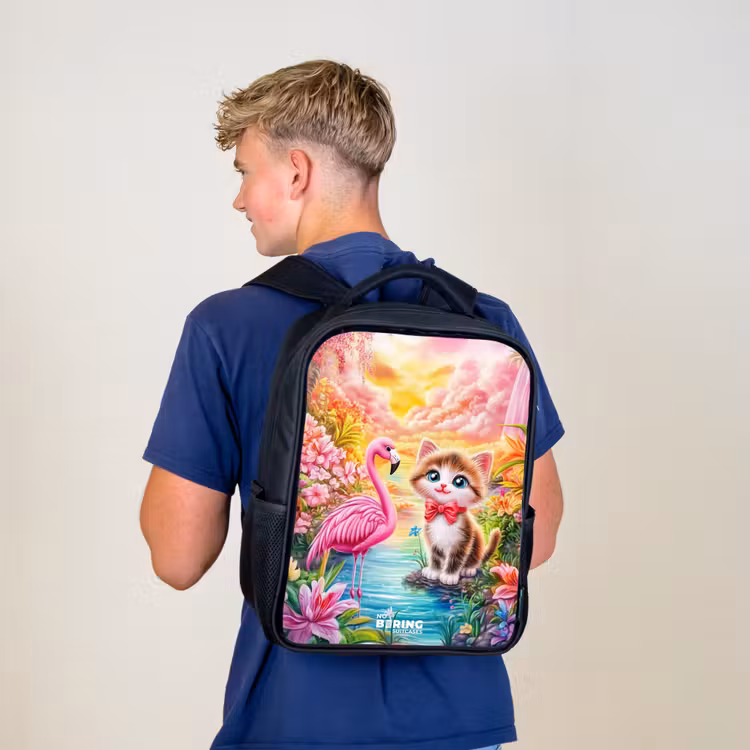Kids backpack - Black - Kitten with flamingo in tropical flower paradise — 5