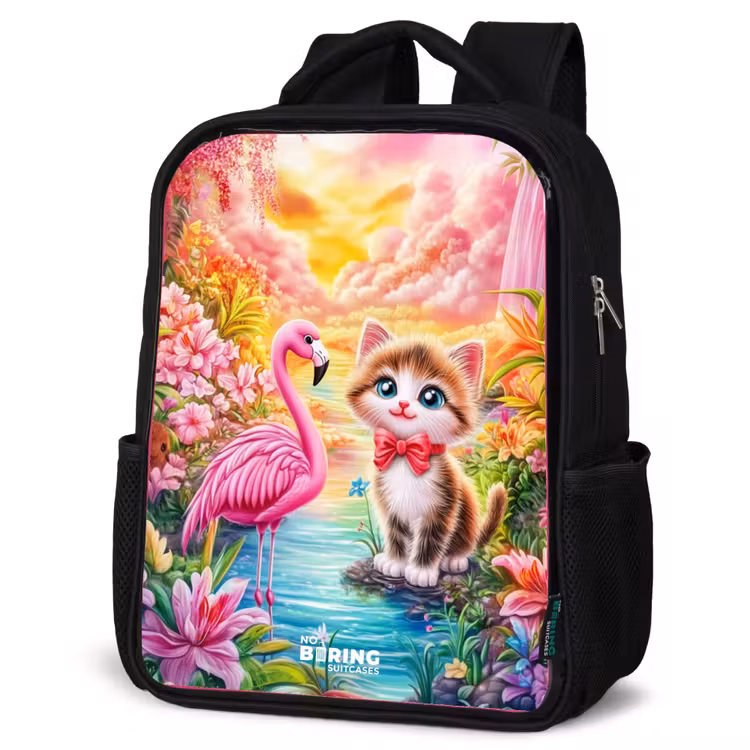 Kids backpack - Black - Kitten with flamingo in tropical flower paradise — 6