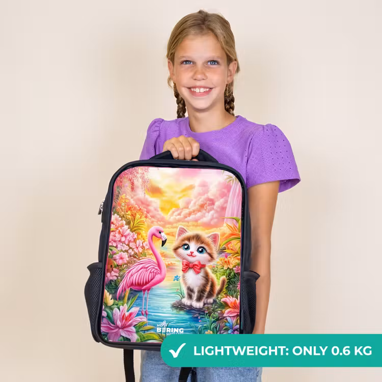 Kids backpack - Black - Kitten with flamingo in tropical flower paradise — 9