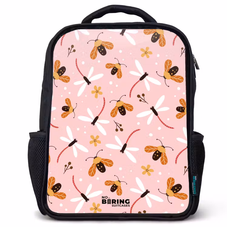 Kids backpack - Black - Ladybugs and dragonflies on pink background — 1
