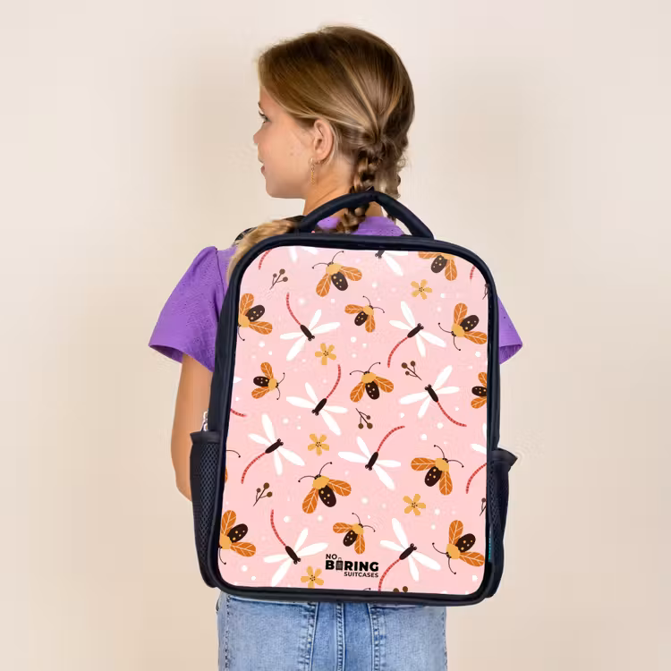 Kids backpack - Black - Ladybugs and dragonflies on pink background — 4