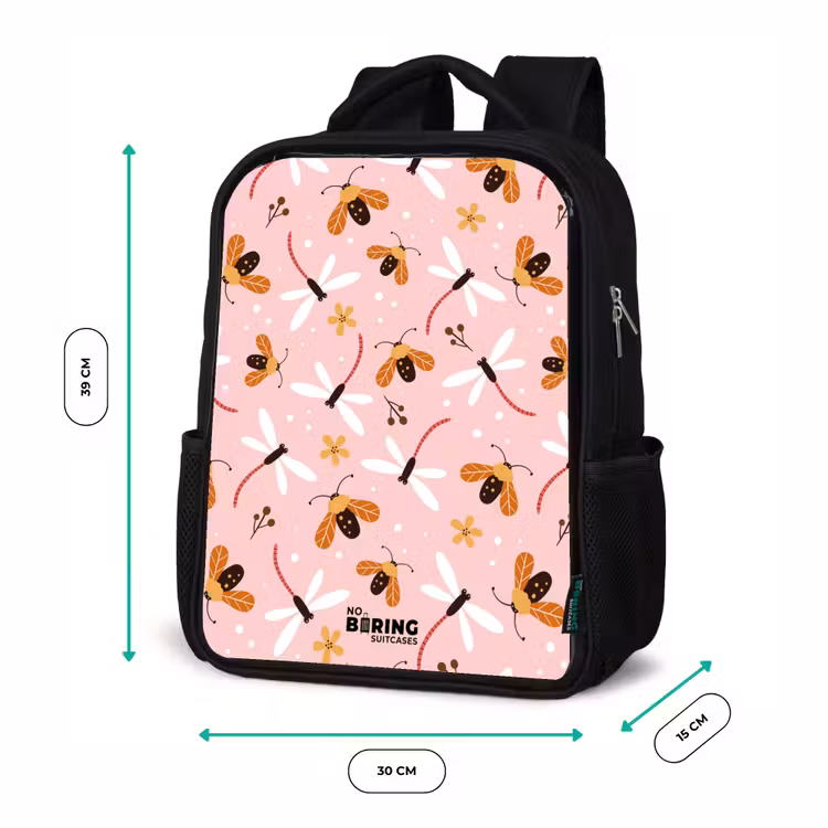 Kids backpack - Black - Ladybugs and dragonflies on pink background — 8