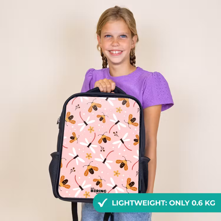 Kids backpack - Black - Ladybugs and dragonflies on pink background — 9