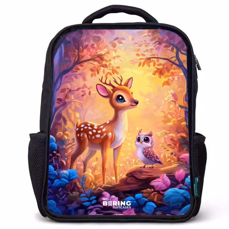 Kids backpack - Black - Little deer and owl in a pink fairy tale forest — 1