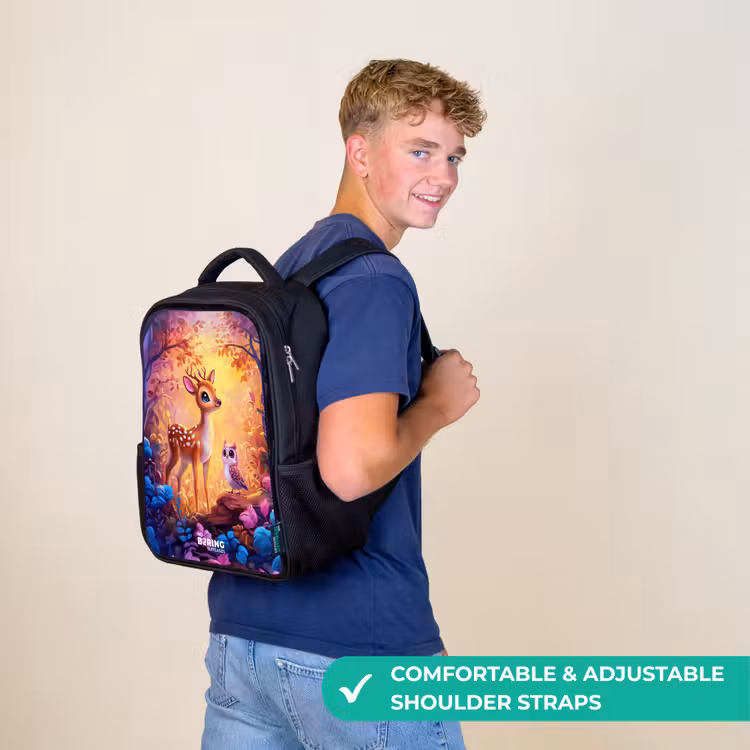 Kids backpack - Black - Little deer and owl in a pink fairy tale forest — 11