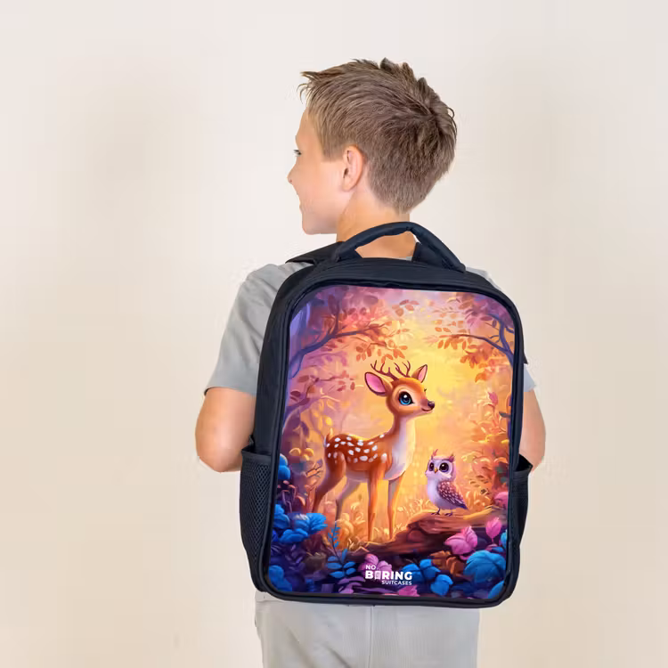 Kids backpack - Black - Little deer and owl in a pink fairy tale forest — 2