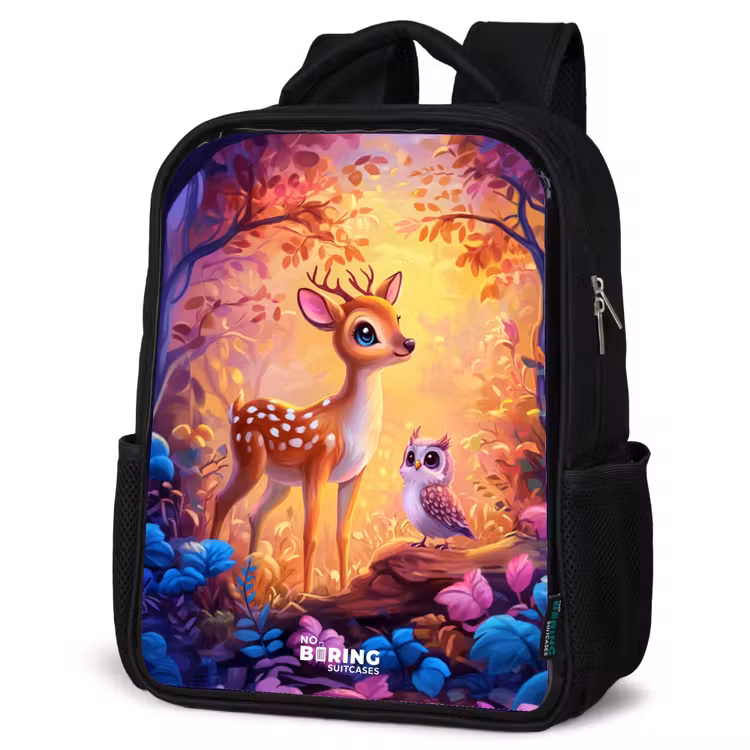 Kids backpack - Black - Little deer and owl in a pink fairy tale forest — 6