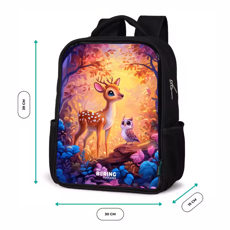 Kids backpack - Black - Little deer and owl in a pink fairy tale forest — 8