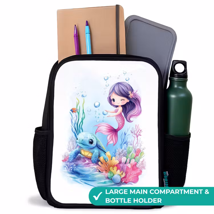 Kids backpack - Black - Mermaid with blue turtle among coral — 10