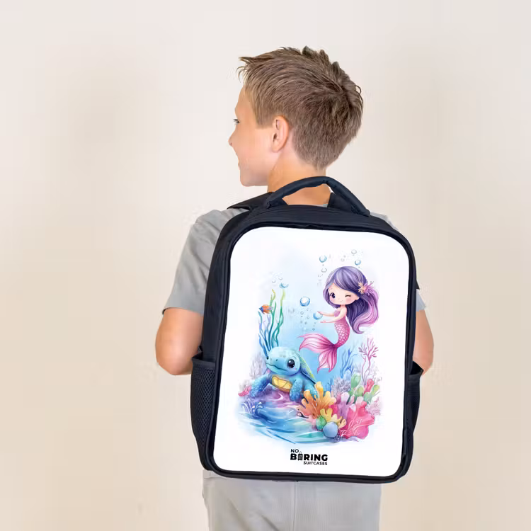 Kids backpack - Black - Mermaid with blue turtle among coral — 2
