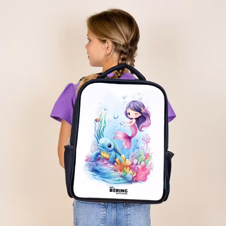 Kids backpack - Black - Mermaid with blue turtle among coral — 4