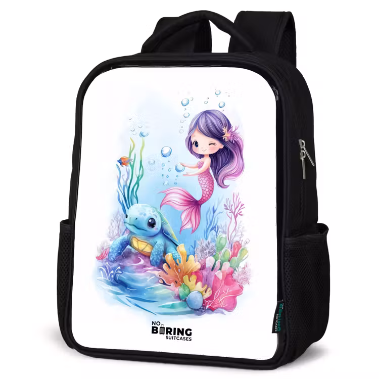 Kids backpack - Black - Mermaid with blue turtle among coral — 6