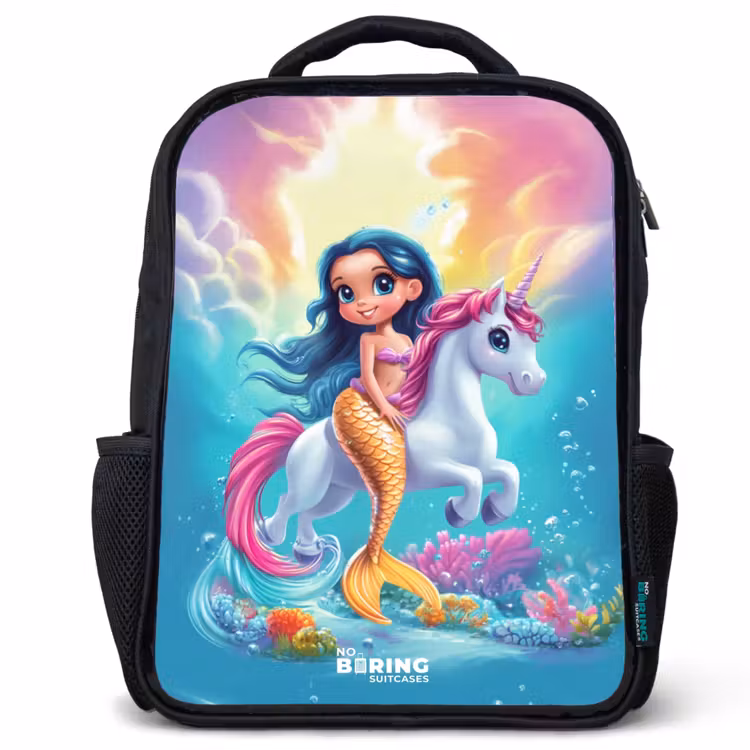 Kids backpack - Black - Mermaid with golden tail with a white unicorn — 1