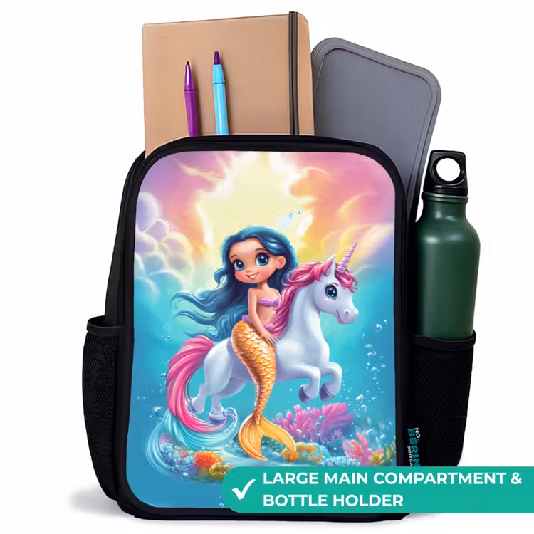Kids backpack - Black - Mermaid with golden tail with a white unicorn — 10