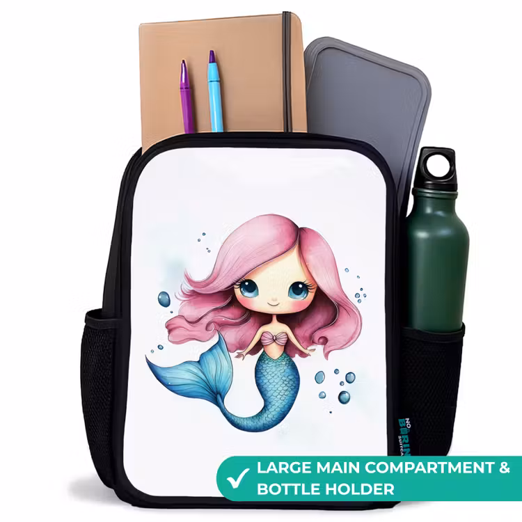 Kids backpack - Black - Mermaid with pink hair and blue tail among bubbles — 10