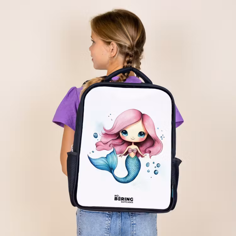 Kids backpack - Black - Mermaid with pink hair and blue tail among bubbles — 4