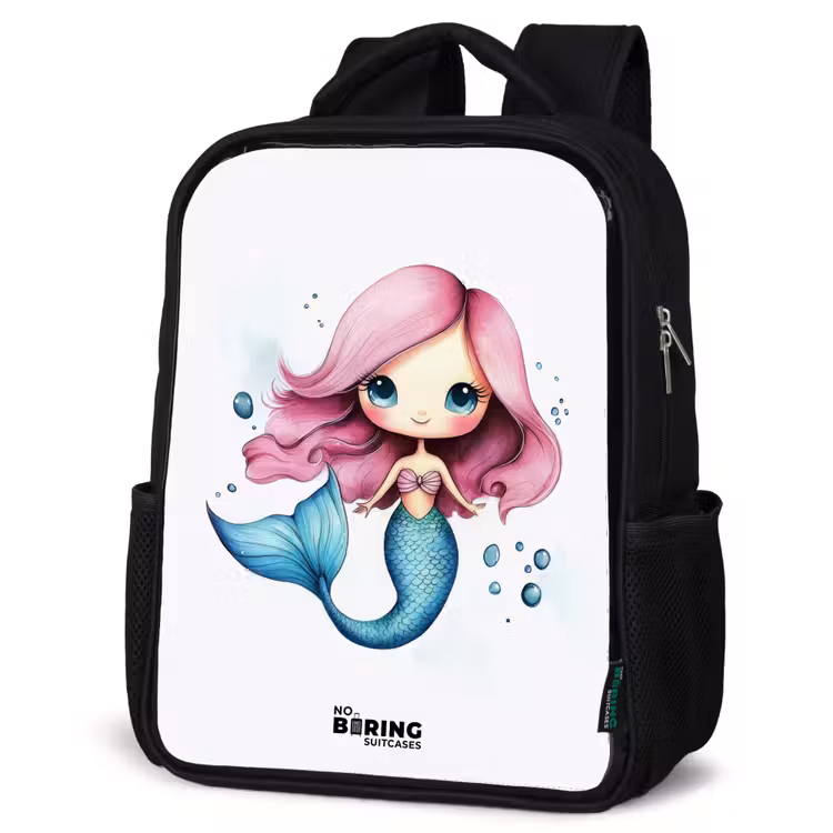 Kids backpack - Black - Mermaid with pink hair and blue tail among bubbles — 6