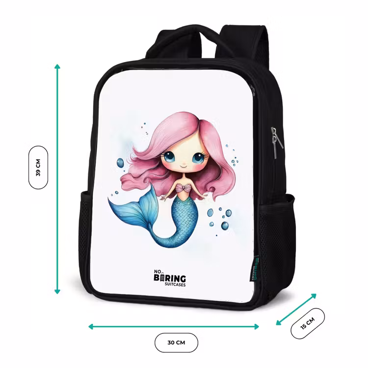 Kids backpack - Black - Mermaid with pink hair and blue tail among bubbles — 8
