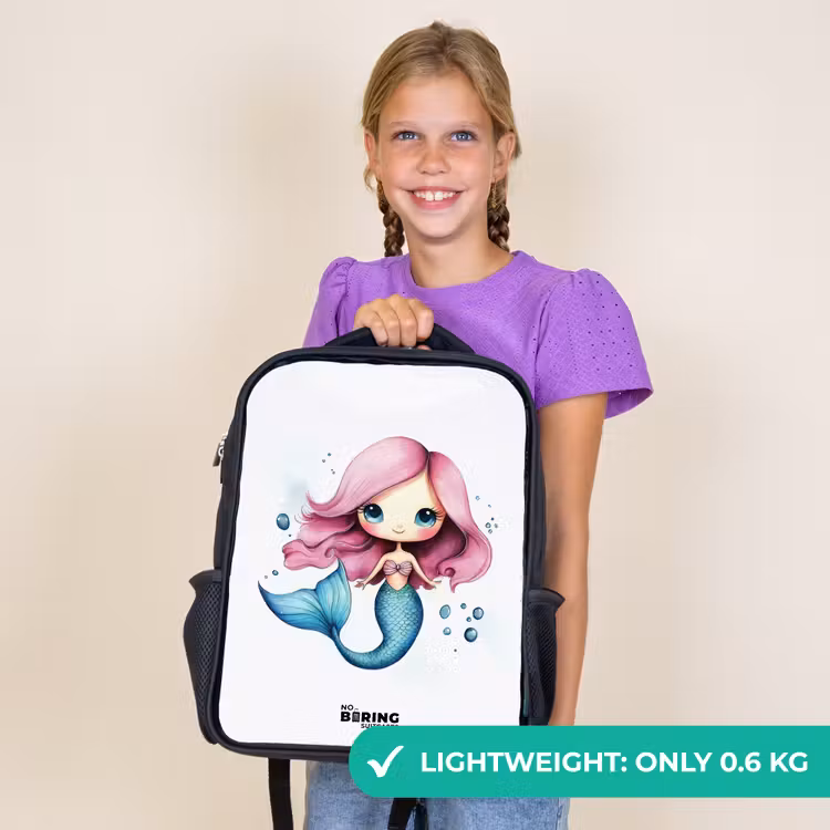 Kids backpack - Black - Mermaid with pink hair and blue tail among bubbles — 9