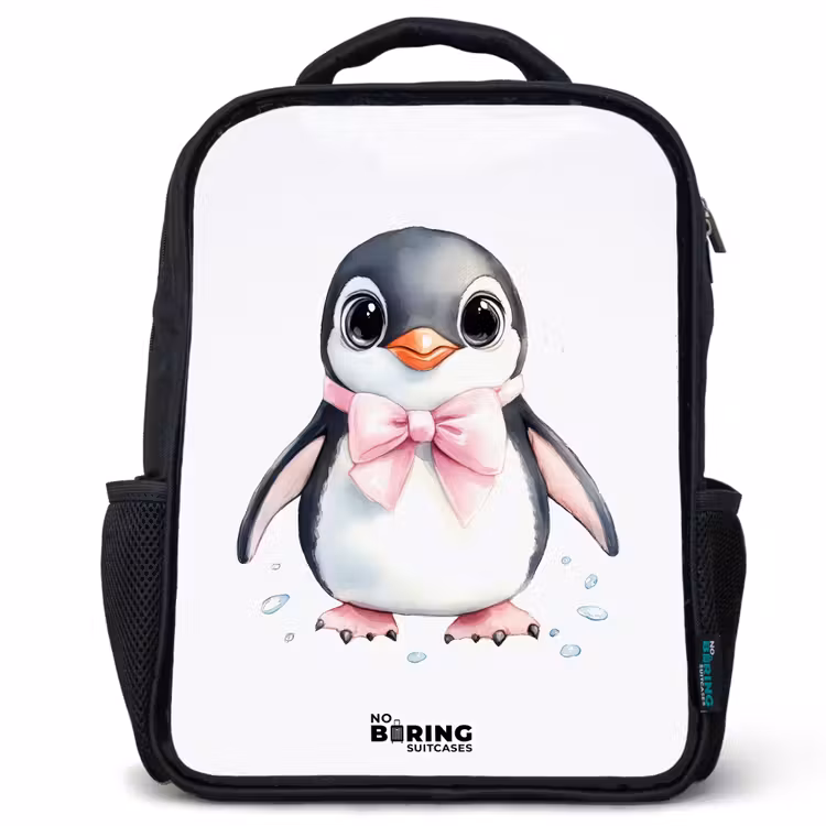 Kids backpack - Black - Penguin with pink bow and ice drops — 1